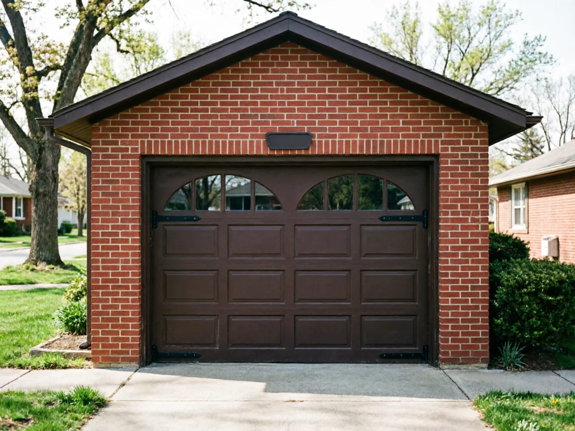 A brown garage door with arched windows on a red brick garage.