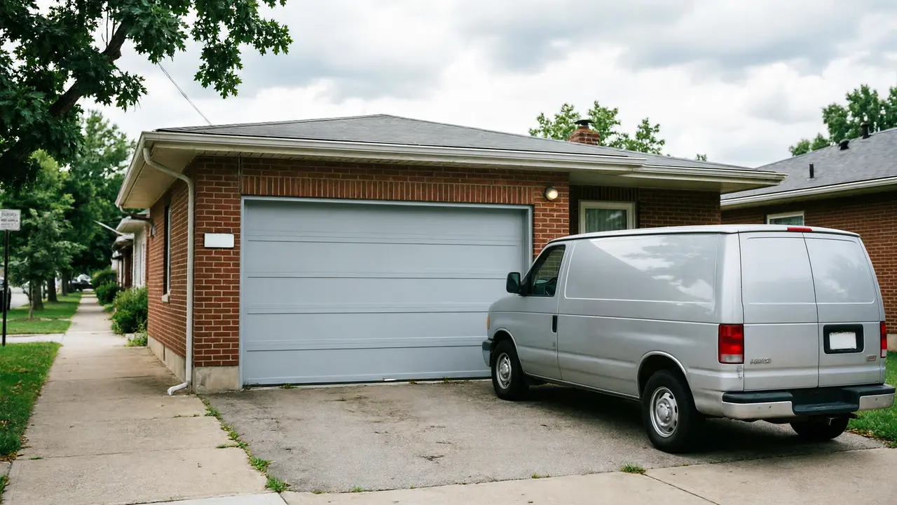 Installer on a stepladder mounting garage door track inside a new garage
