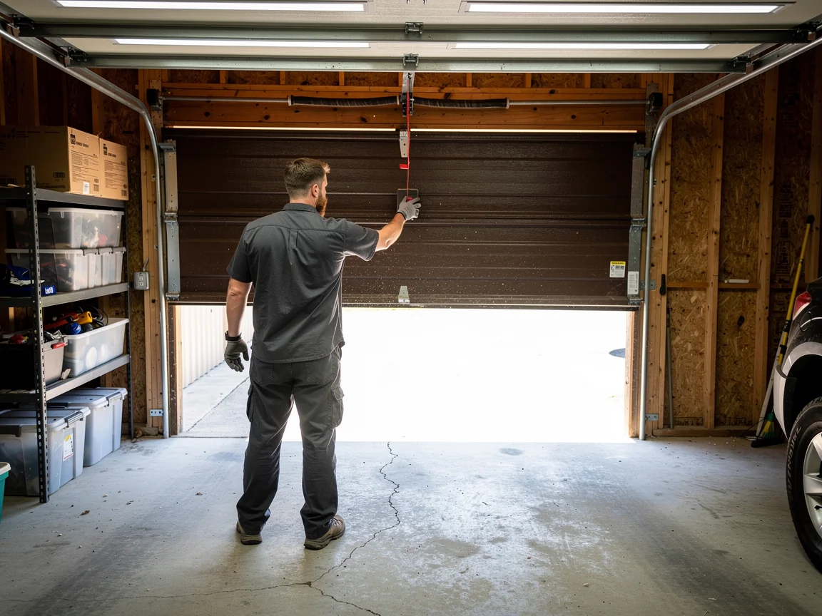 A technician works on a brown garage door with a torsion spring.