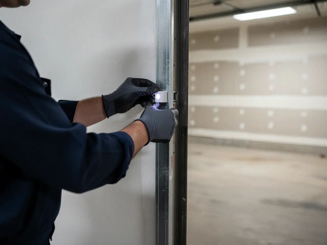 A technician in gloves is working on a garage door sensor.