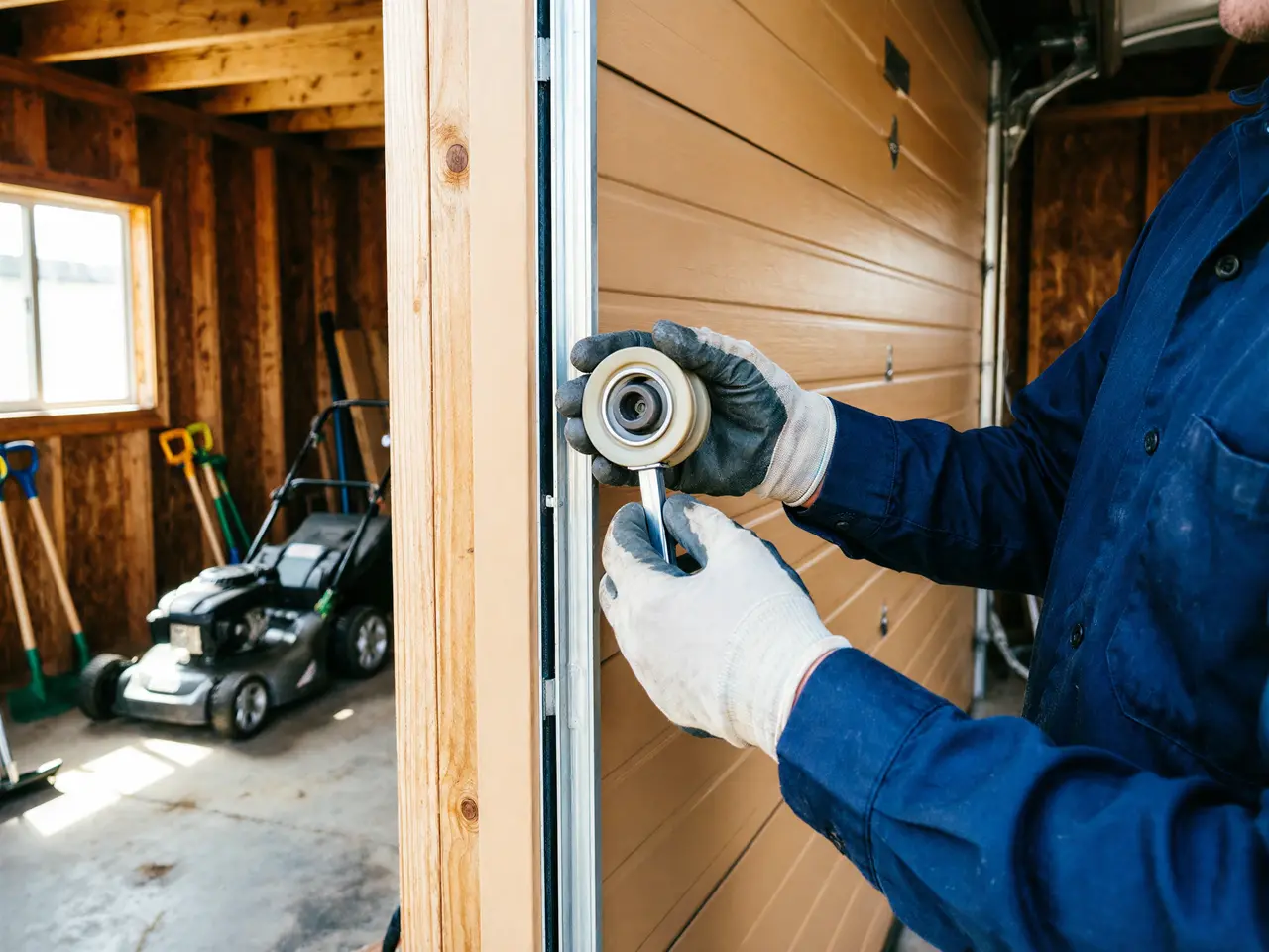 A technician in gloves installs a roller on a brown garage door.