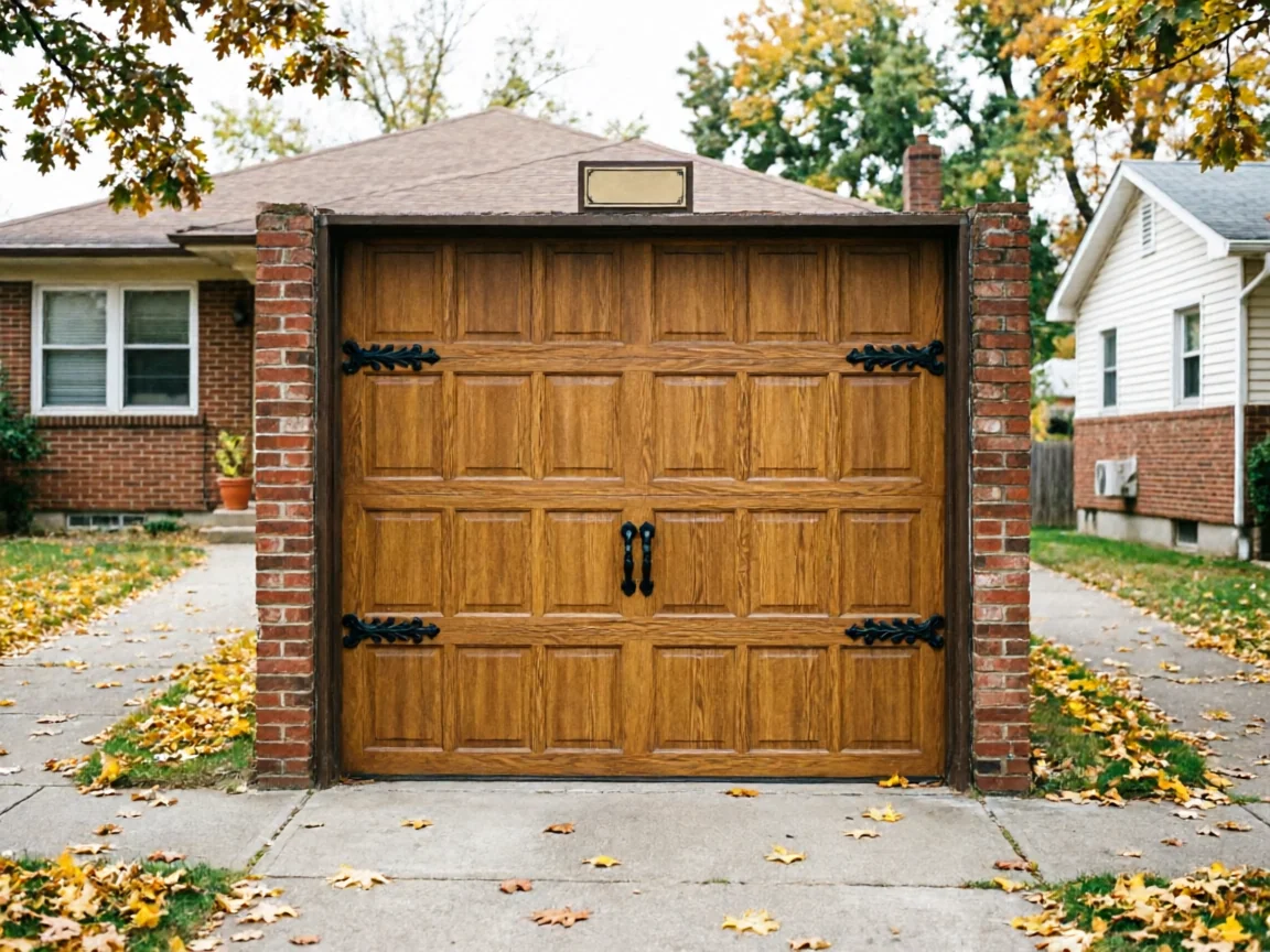 A wooden garage door with decorative black hardware is set in a brick frame.